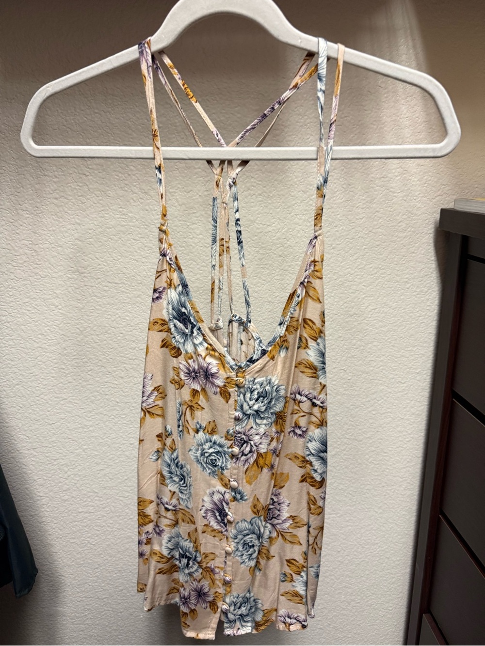 Floral Strappy Tank Top - Beige with Blue Floral Print
